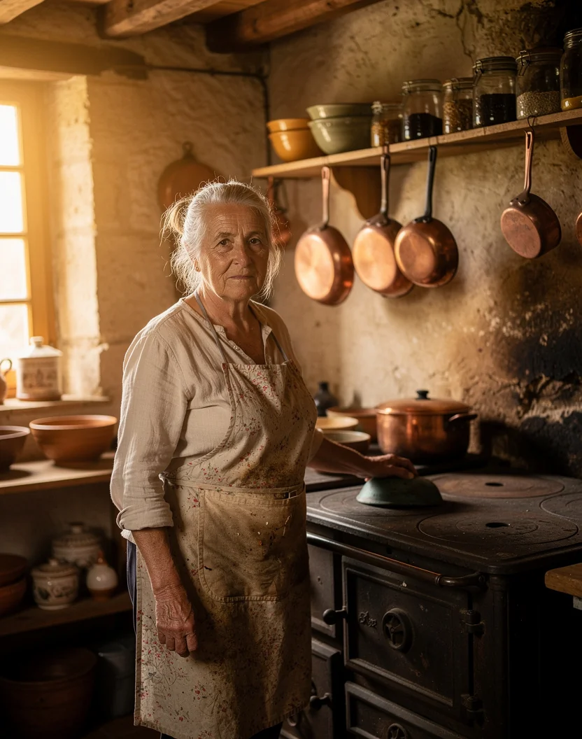 Cuisinière gersoise devant son fourneau