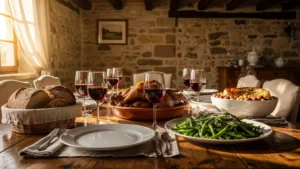 Table élégante dressée avec un menu gascon traditionnel pour recevoir à la maison