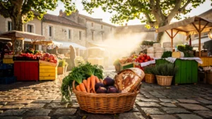 Marché authentique du Gers avec étals colorés remplis de produits frais locaux et ambiance matinale paisible