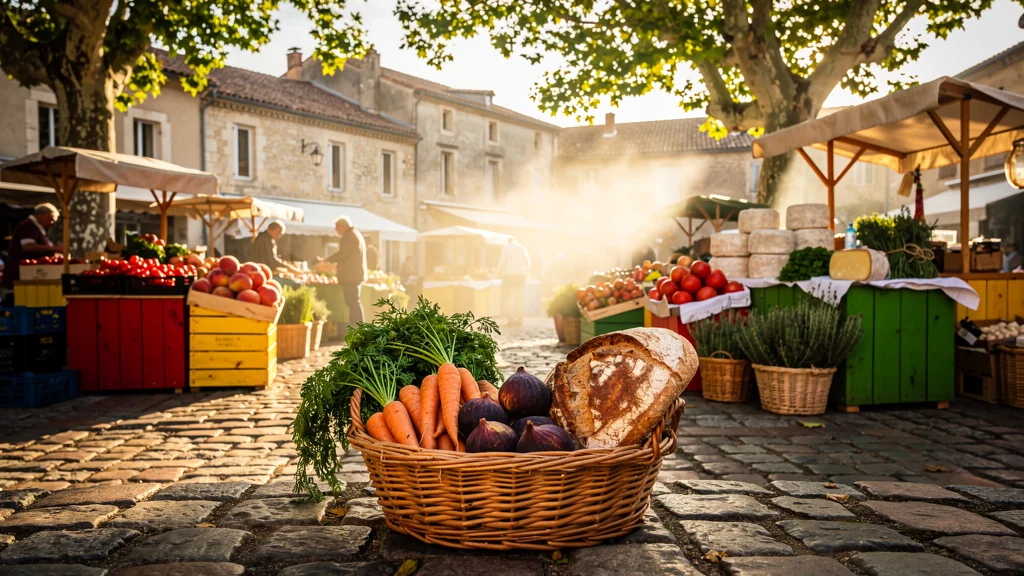 Marché authentique du Gers avec étals colorés remplis de produits frais locaux et ambiance matinale paisible