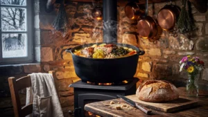 Garbure mijotée en hiver dans une cuisine traditionnelle du Gers avec pot en fonte et ambiance chaleureuse