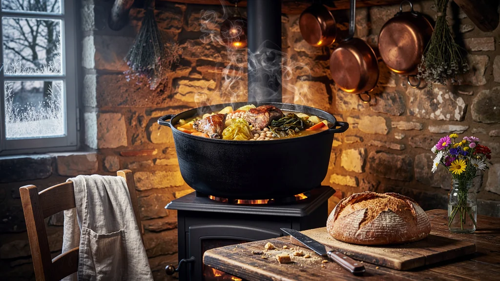 Garbure mijotée en hiver dans une cuisine traditionnelle du Gers avec pot en fonte et ambiance chaleureuse