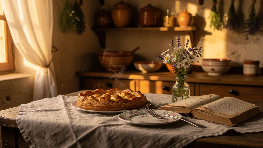 Croustade traditionnelle à Lectoure évoquant les souvenirs d'enfance dans une cuisine rustique ensoleillée