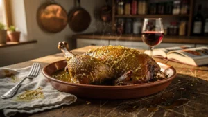Plat de confit gras mal dégraissé sur table rustique, illustrant un repas lourd et mal préparé