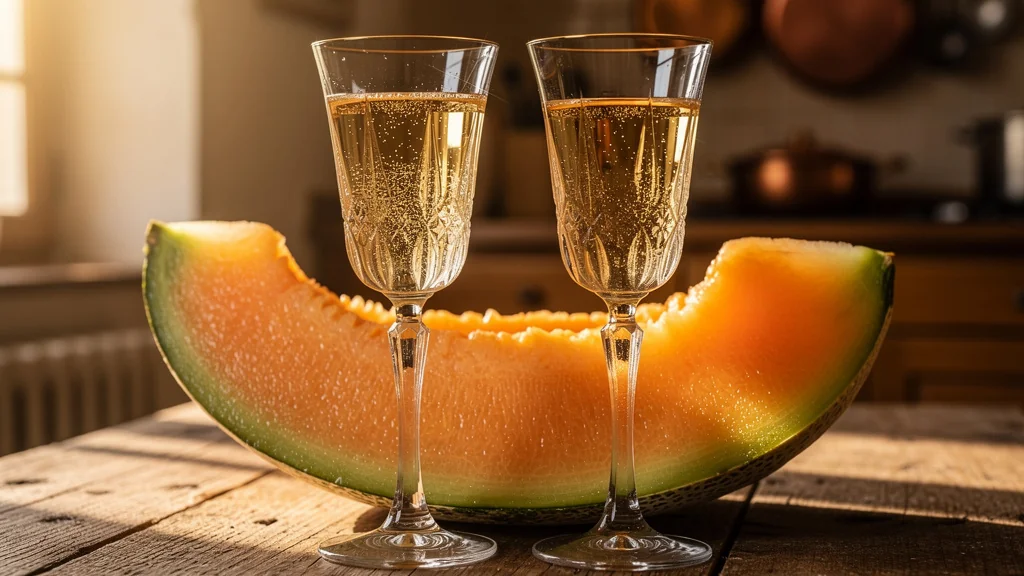 Deux flocs de Gascogne sur un melon de Lectoure frais en gros plan avec lumière naturelle et ambiance rustique