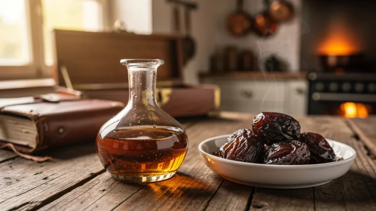 Close-up hyper-réaliste d’un pruneau de dessert parfumé à l’Armagnac vieux sur une table rustique