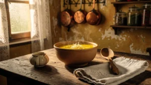 Cuisine rustique française avec un bol de tourin à l’ail fumant sur une table en bois naturel