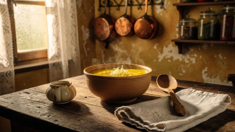 Cuisine rustique française avec un bol de tourin à l’ail fumant sur une table en bois naturel