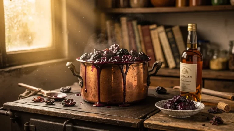 Dessert compote de pruneaux à l'armagnac trop cuits dans une cuisine rustique au style vintage