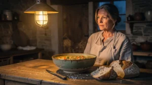 Photo réaliste 8K d'une garbure sans confit dans une cuisine rustique chaleureuse au crépuscule