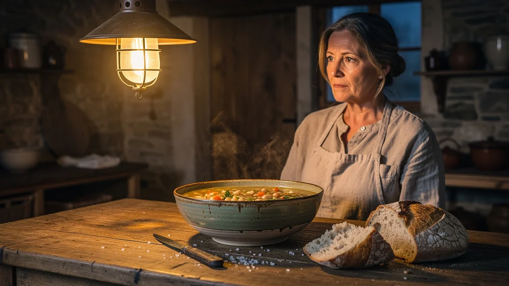 Photo réaliste 8K d'une garbure sans confit dans une cuisine rustique chaleureuse au crépuscule