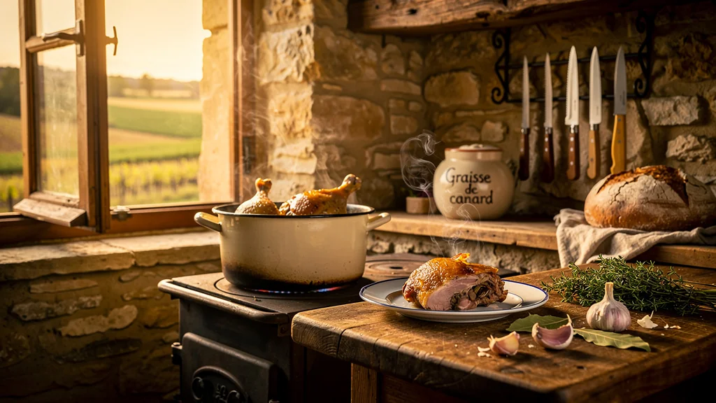 Cuisine rustique dans le Gers avec confit de canard maison en cuisson artisanale traditionnelle