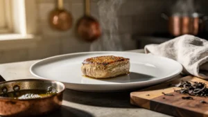 Foie gras poêlé impeccablement doré sur une assiette blanche, lumière naturelle et ambiance chaleureuse en cuisine
