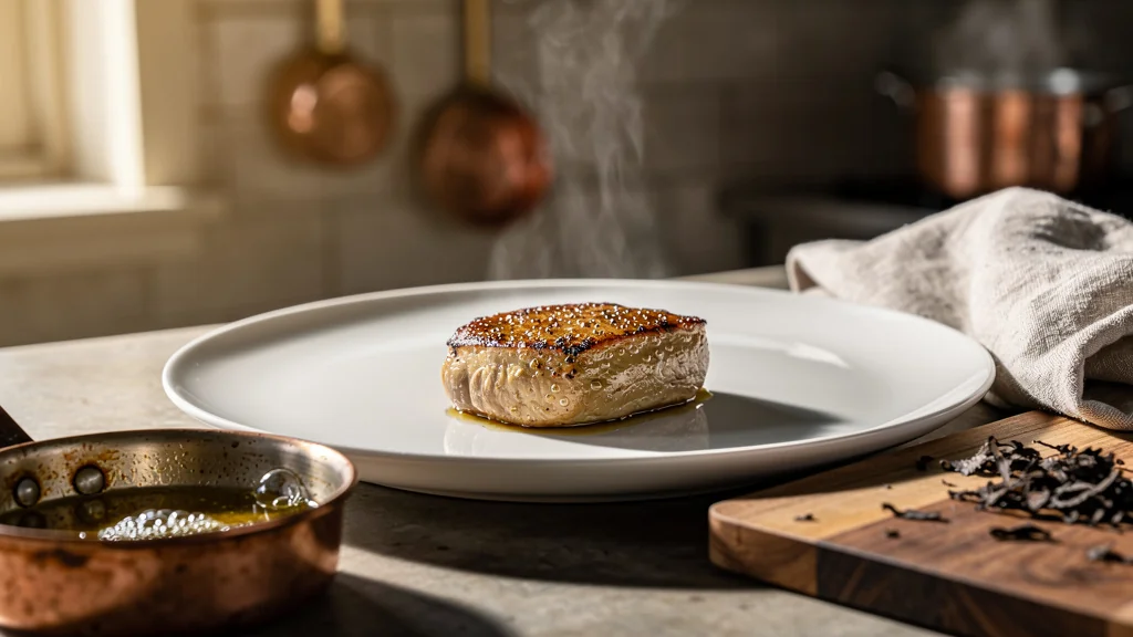 Foie gras poêlé impeccablement doré sur une assiette blanche, lumière naturelle et ambiance chaleureuse en cuisine