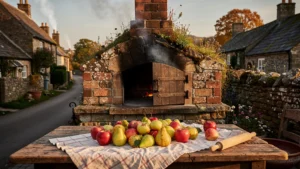 Four à bois traditionnel du village avec pommes pour croustade, ambiance rustique et lumière dorée