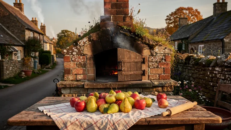 Four à bois traditionnel du village avec pommes pour croustade, ambiance rustique et lumière dorée