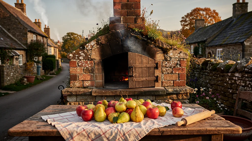 Four à bois traditionnel du village avec pommes pour croustade, ambiance rustique et lumière dorée
