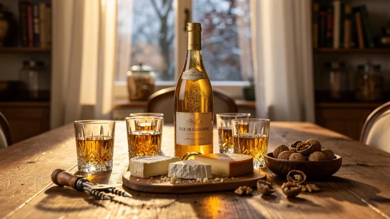 Floc de Gascogne sur une table rustique avec fromage et ambiance chaleureuse d'automne