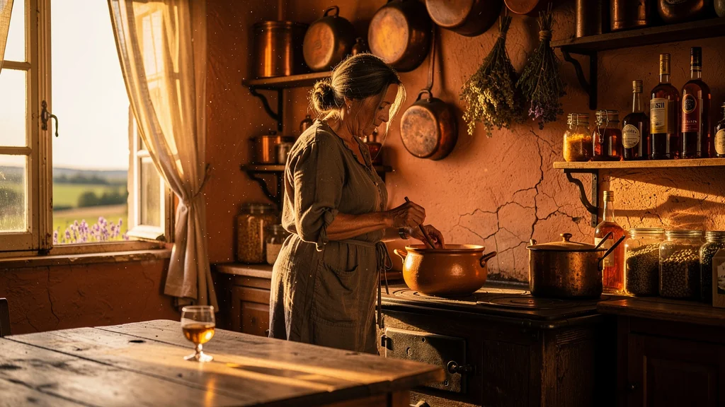 Femme de 54 ans préparant un plat avec patience et un verre de pastis gascon dans une cuisine rustique