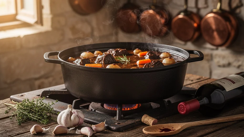 Cocotte en fonte mijotant une daube de bœuf gascon dans une cuisine rustique française