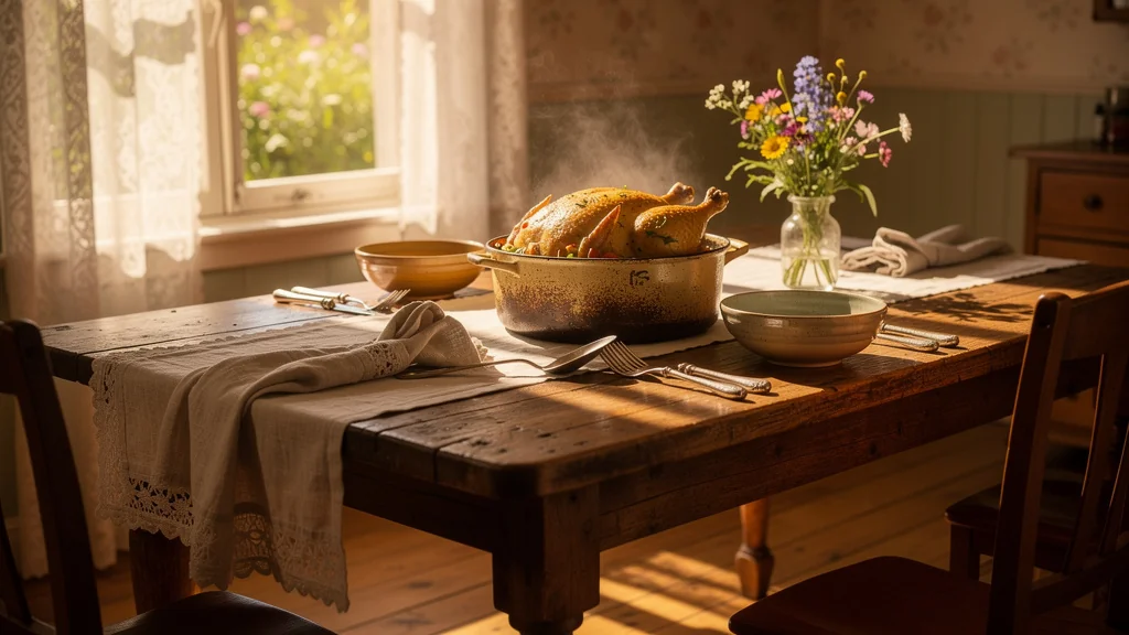 Poulet au pot du dimanche dans une salle à manger rustique, ambiance familiale chaleureuse réunissant trois générations