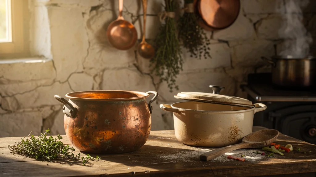 Ancien chaudron en cuivre et cocotte en fonte pour préparer un civet dans une cuisine rustique chaleureuse