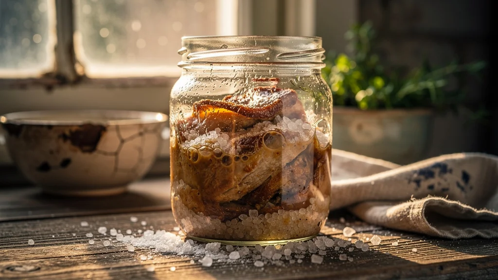 Gros plan hyper-réaliste d’un bocal de confit compromis par un salage précipité sur un comptoir rustique