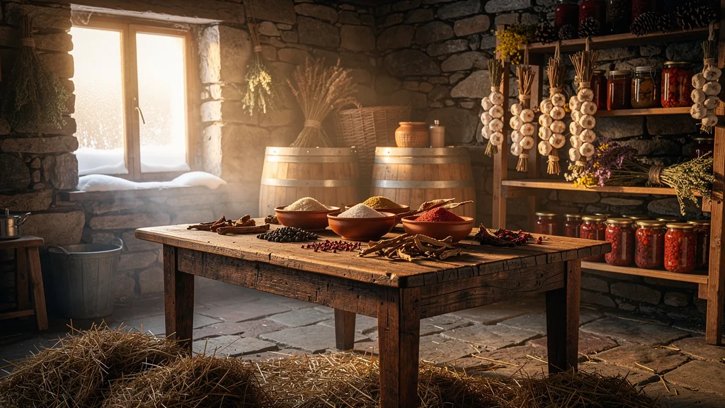Cellier rustique en hiver avec deux salaisons de canard suspendues, ambiance chaleureuse et artisanale