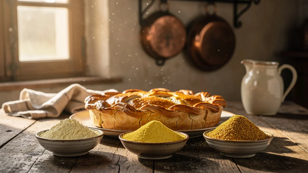 Trois farines de maïs comparées sur une tourte gasconne traditionnelle en gros plan