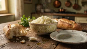Tourin à l’ail trop chargé couvrant le reste du repas sur une table rustique en lumière naturelle