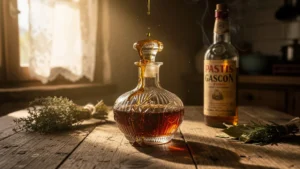 Verre d'armagnac versé trop tôt près d'une bouteille de pastis gascon au parfum perdu