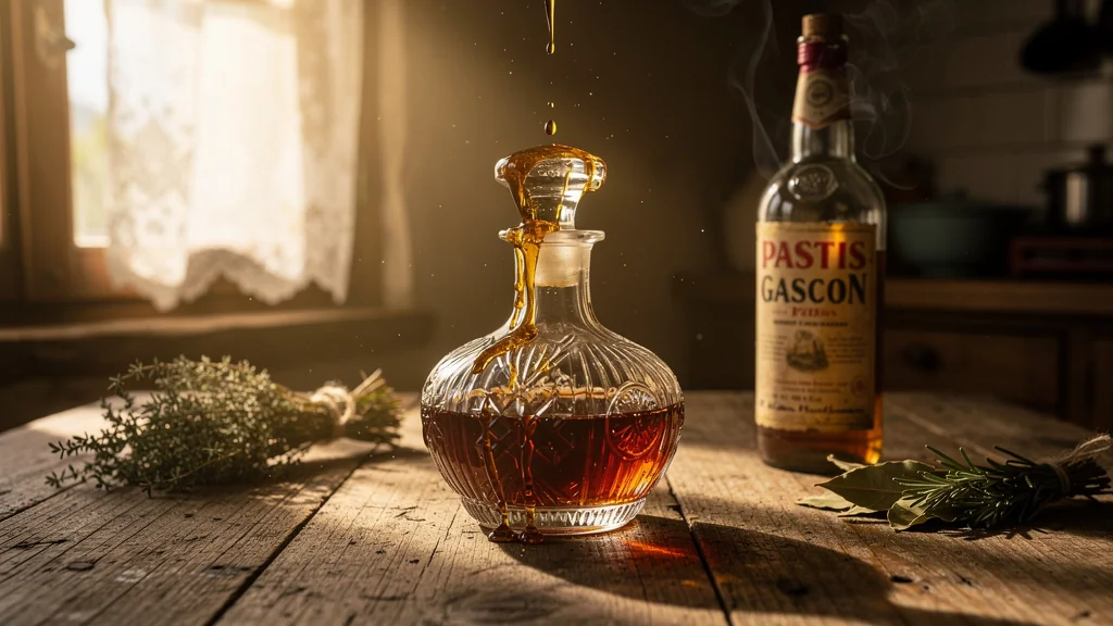 Verre d'armagnac versé trop tôt près d'une bouteille de pastis gascon au parfum perdu