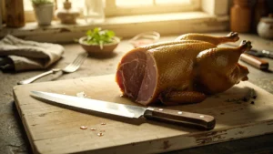 Couteau à désosser affûté sur planche en bois avec canard découpé, préparation culinaire précise