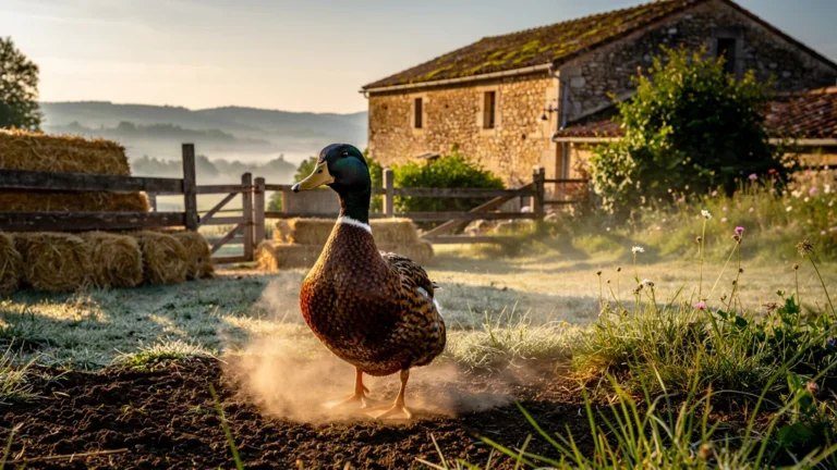 Ferme traditionnelle de Lomagne avec un canard gras au plumage brillant au lever du soleil