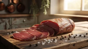 Magret séché maison tranché sur planche en bois, qualité supérieure au commerce, image culinaire réaliste