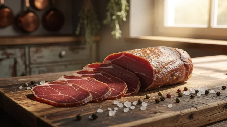Magret séché maison tranché sur planche en bois, qualité supérieure au commerce, image culinaire réaliste