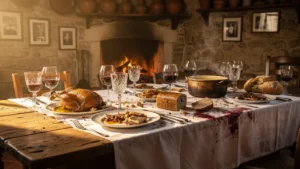 Table de fête gasconne désordonnée illustrant un repas raté et l'ordre des plats traditionnel