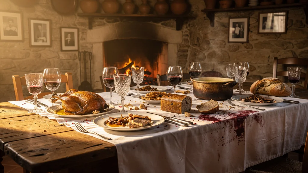 Table de fête gasconne désordonnée illustrant un repas raté et l'ordre des plats traditionnel
